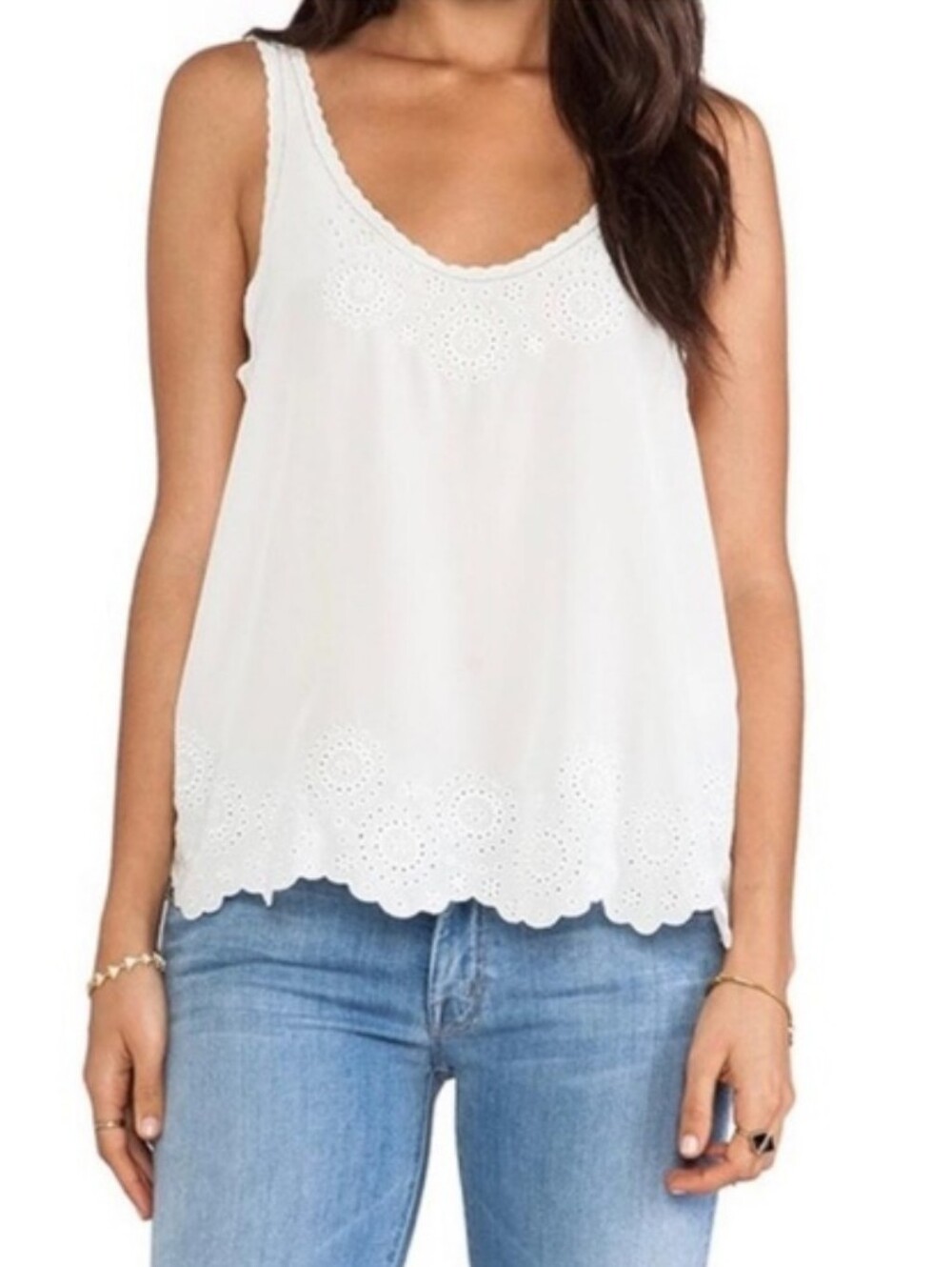 Joie Ivory Eyelet Boyd Silk Scallop-Hem Sleeveless Camisole